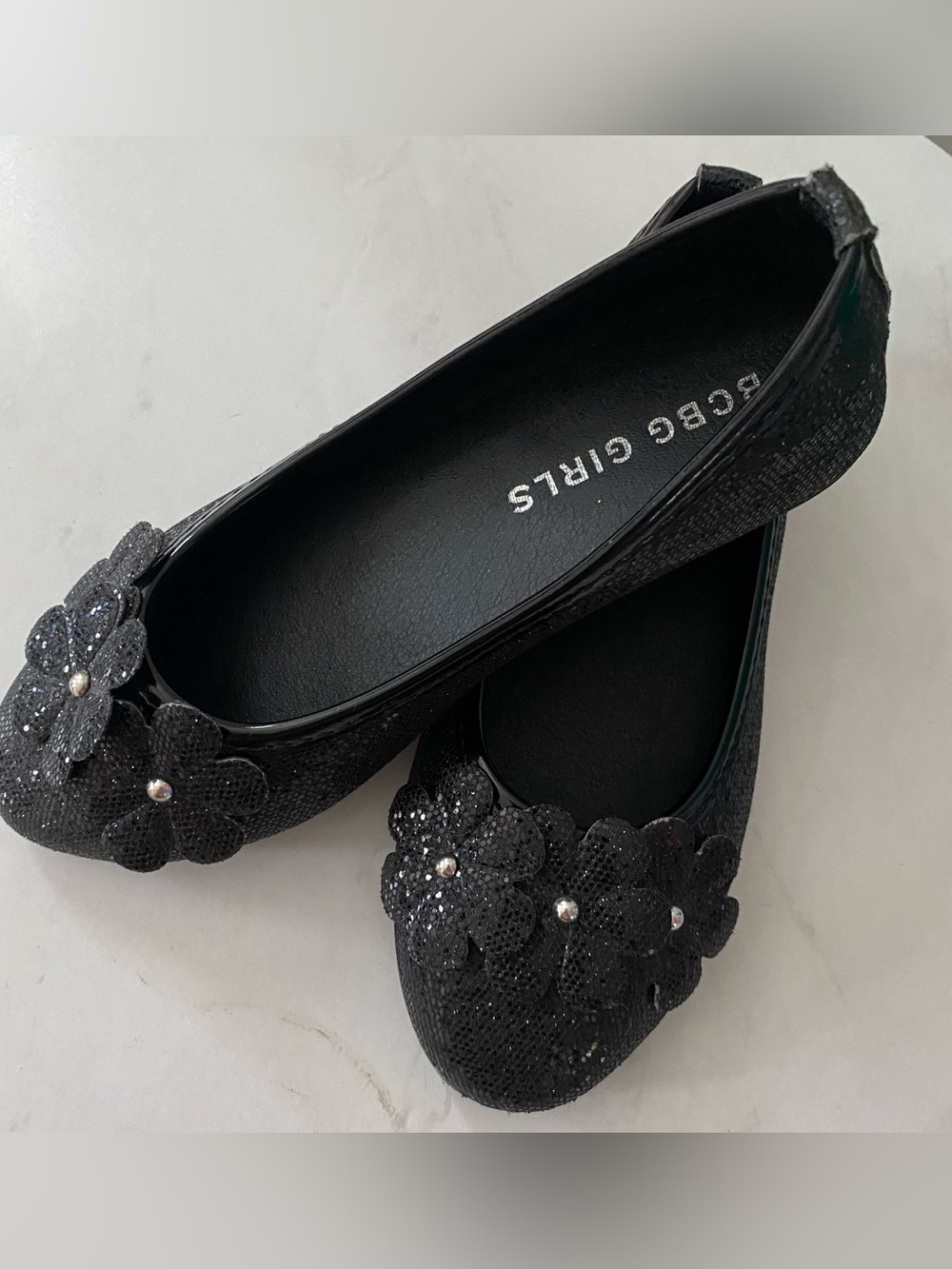 BCBG Black Glitter Floral Girls Slip-On Flats